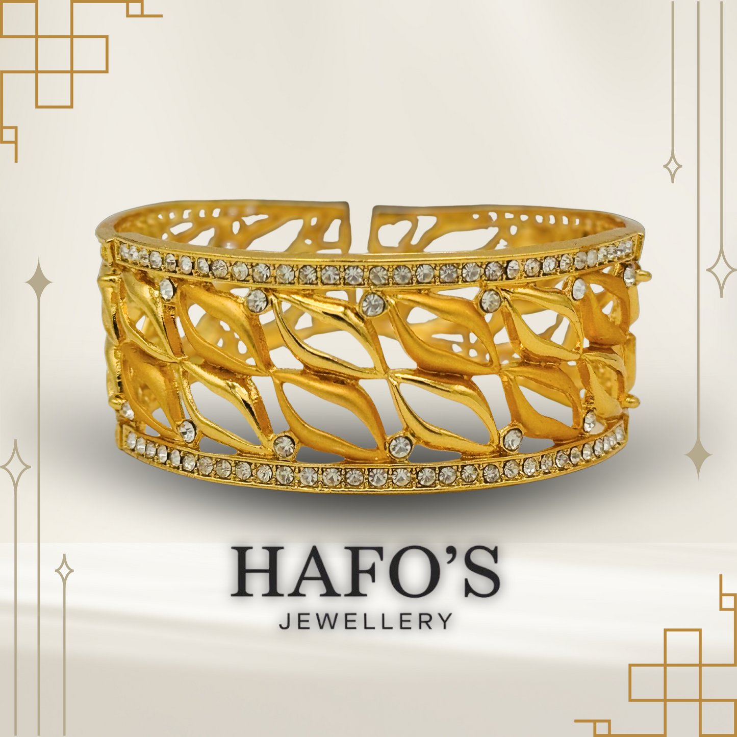 Gold bracelet with intricate design and embedded stones on a light background with 'HAFO'S JEWELLERY' branding.