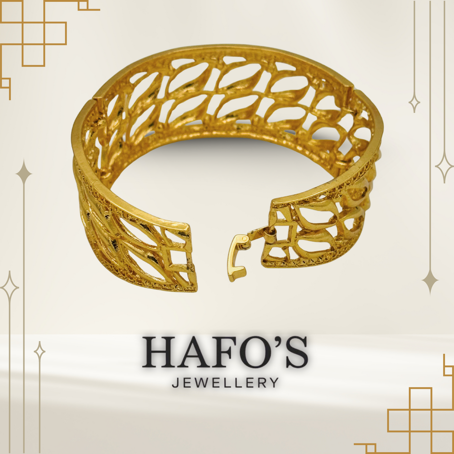 Gold bracelet with intricate design on a light beige background, featuring the brand 'HAFO'S JEWELLERY'.