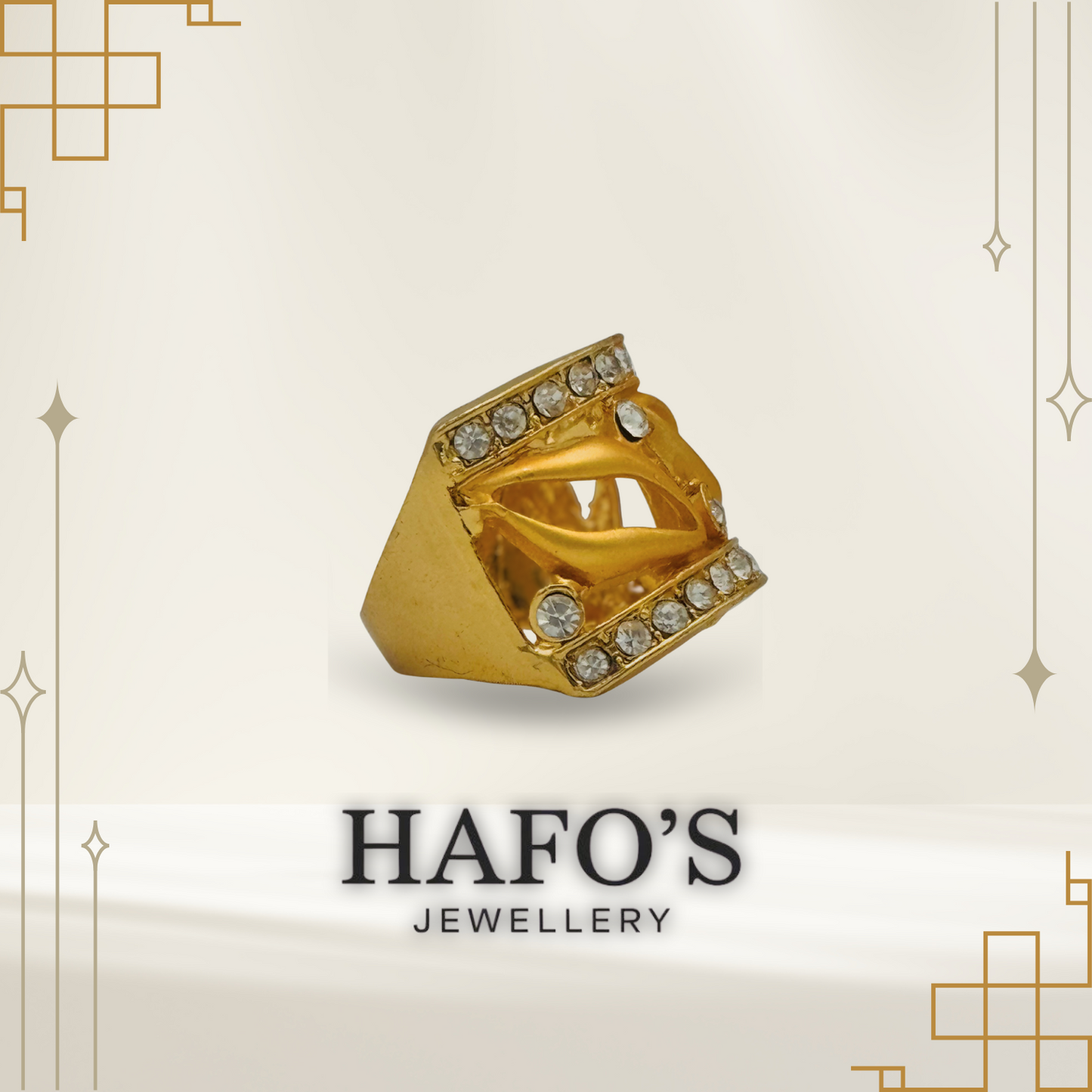 Gold ring with gemstones on a beige background with 'HAFO'S JEWELLERY' branding.