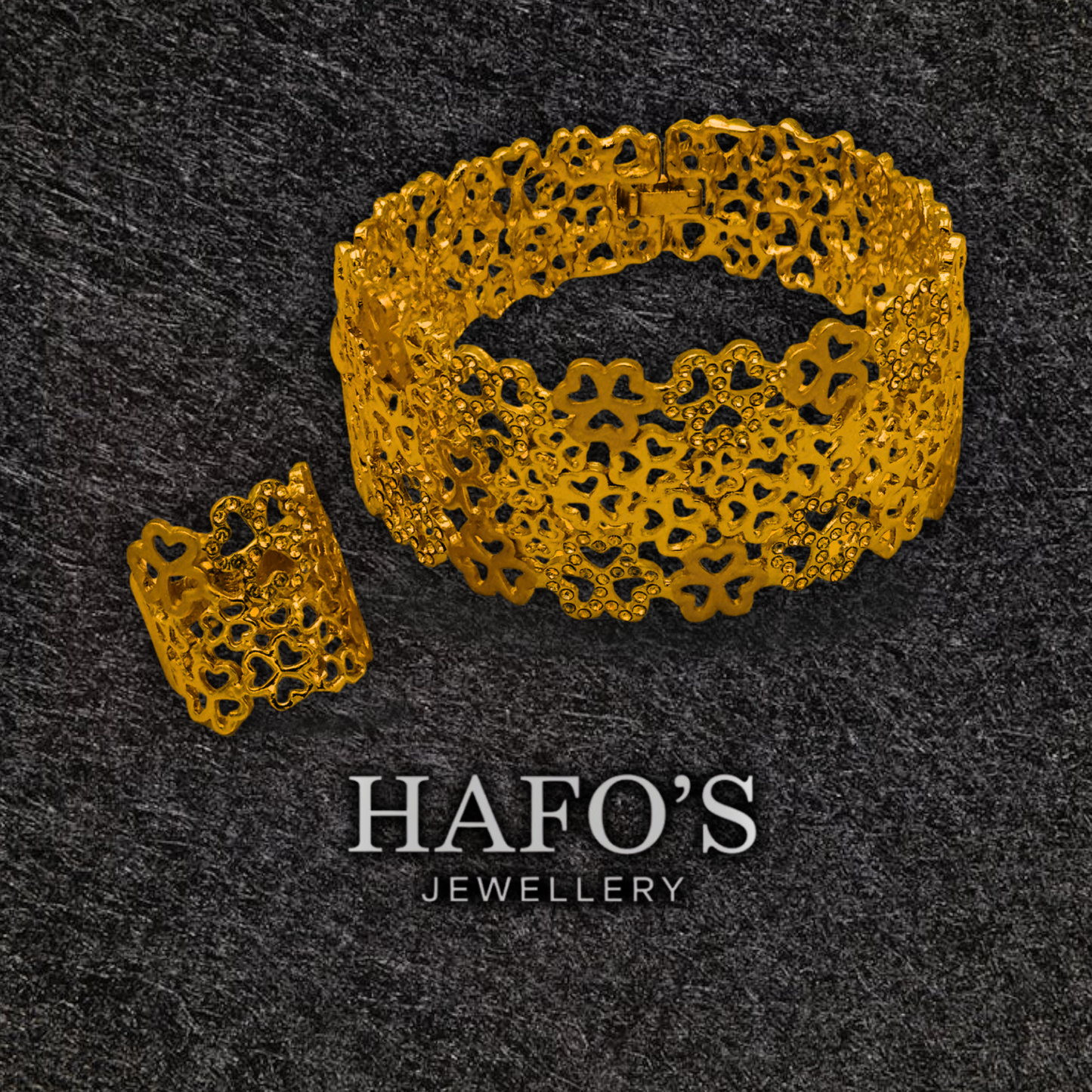 Gold lace-style bracelet on a dark textured background with 'HAFO'S JEWELLERY' branding.