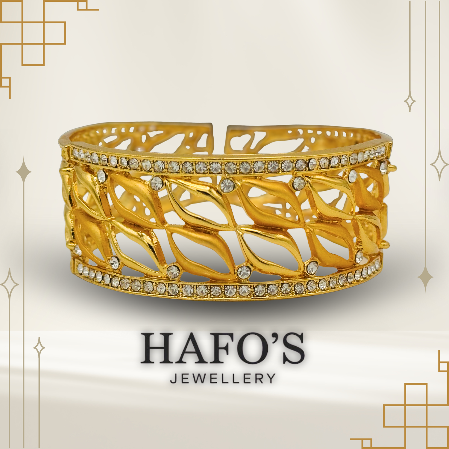 Gold bracelet with intricate design and embedded stones on a light background with 'HAFO'S JEWELLERY' branding.