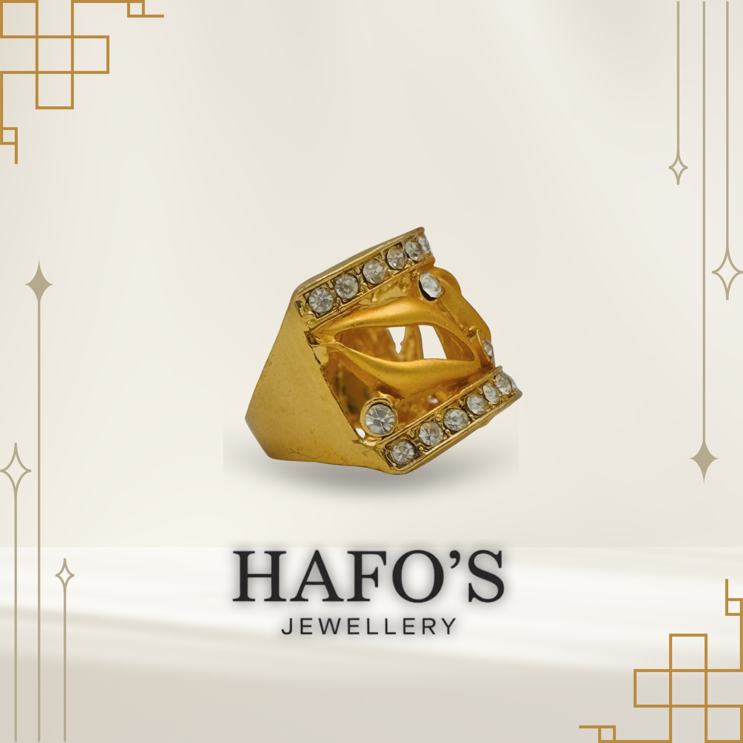 Gold ring with gemstones on a beige background with 'HAFO'S JEWELLERY' branding.
