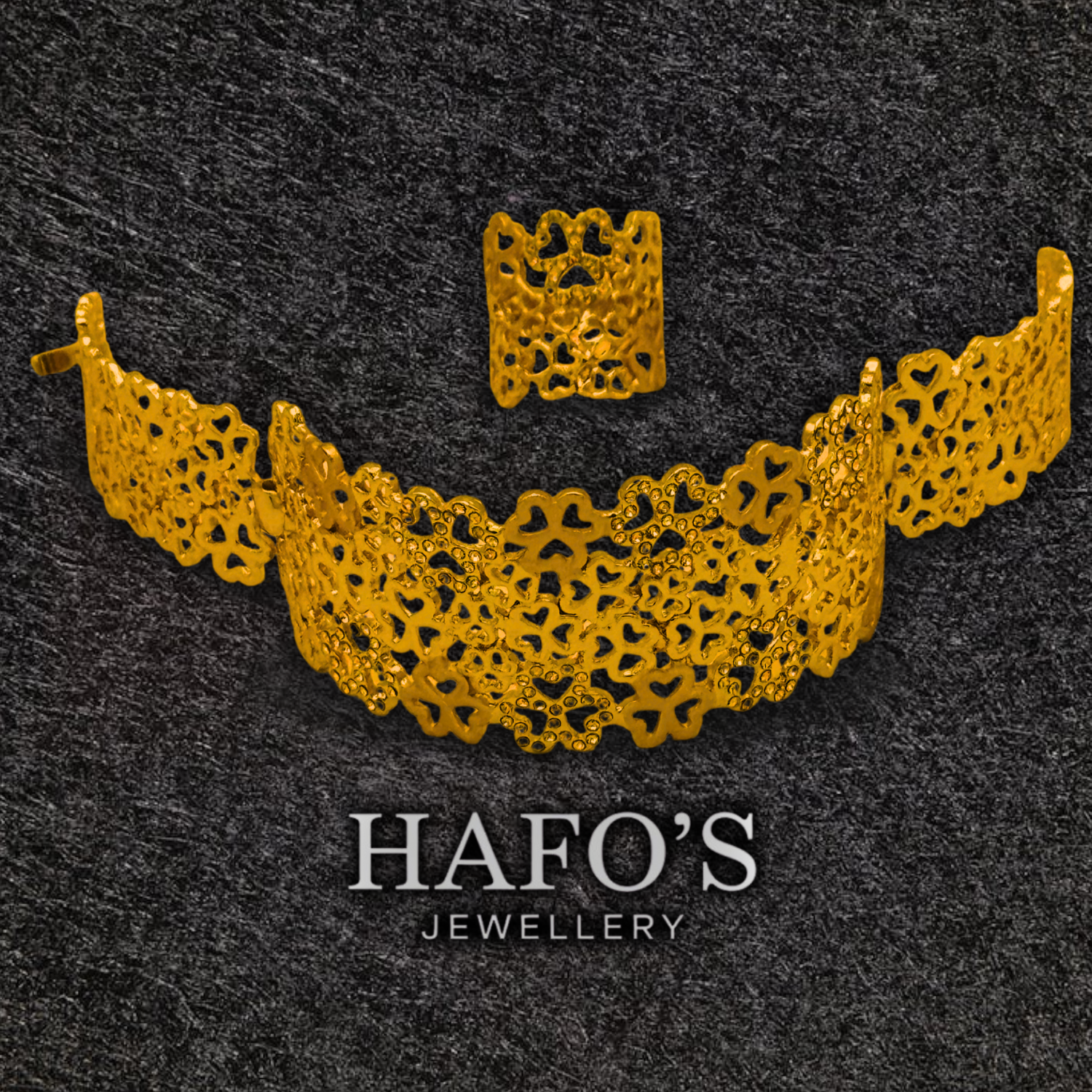 Gold necklace and ring set on a dark textured background with 'HAFO'S JEWELLERY' branding.