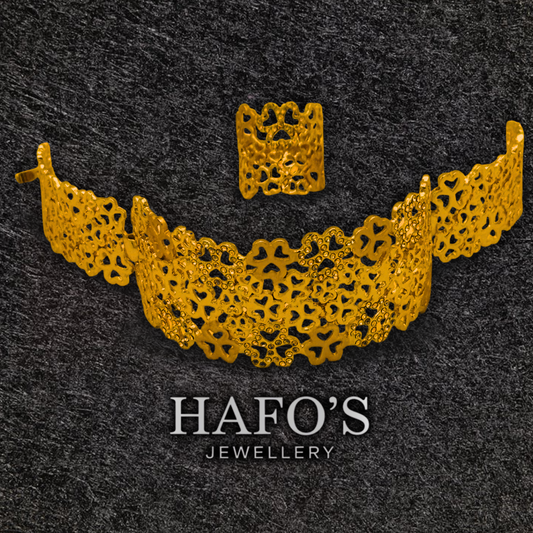 Gold necklace and ring set on a dark textured background with 'HAFO'S JEWELLERY' branding.